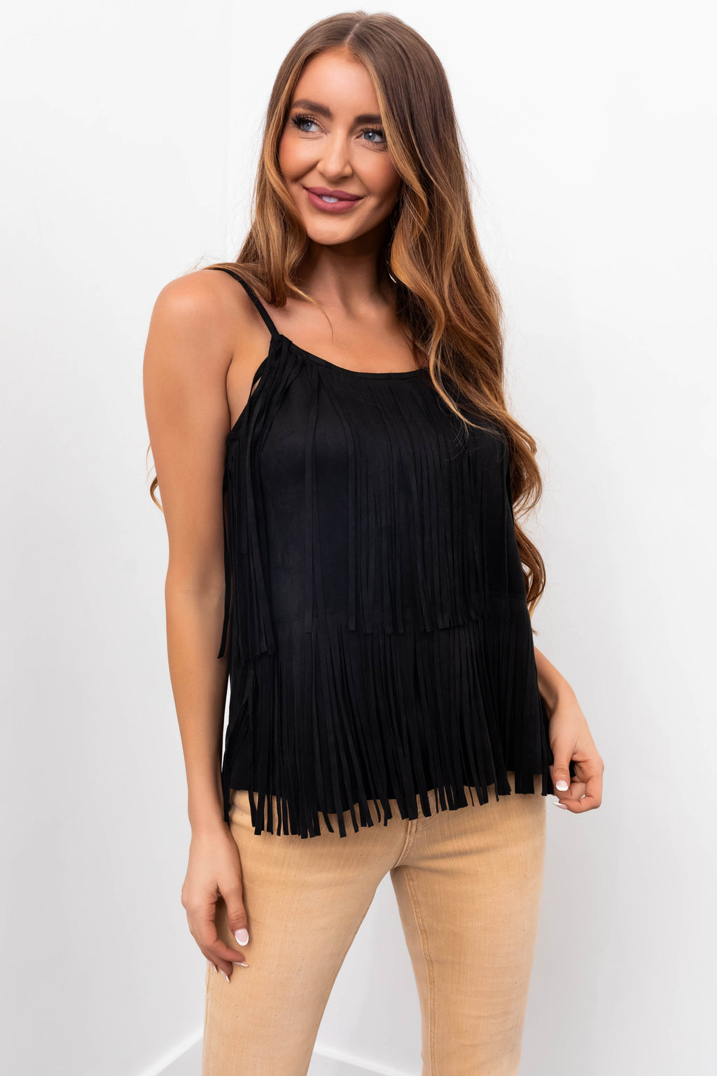 Black Fringe Adjustable Strap Suede Cami