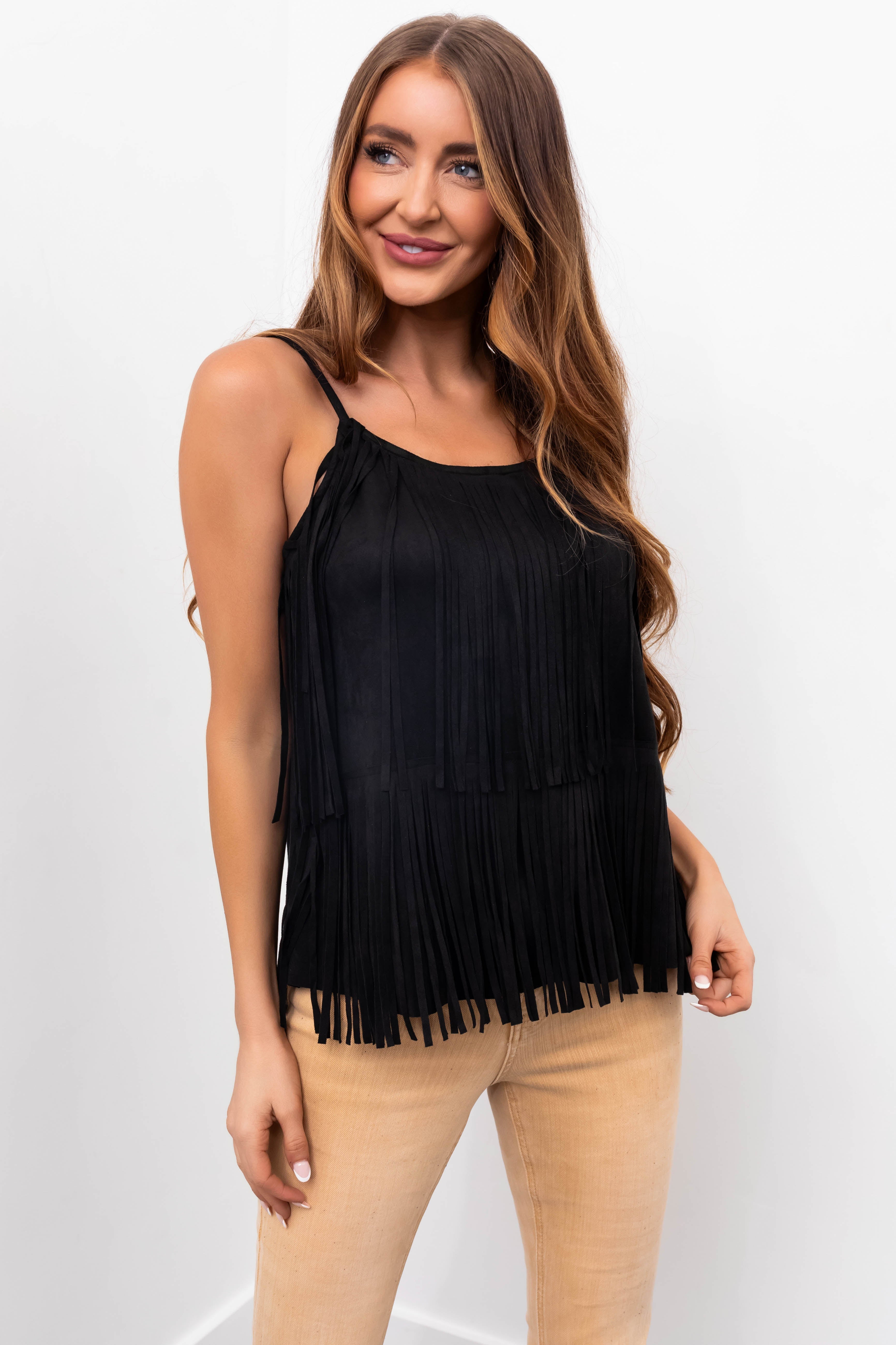 Black Fringe Adjustable Strap Suede Cami