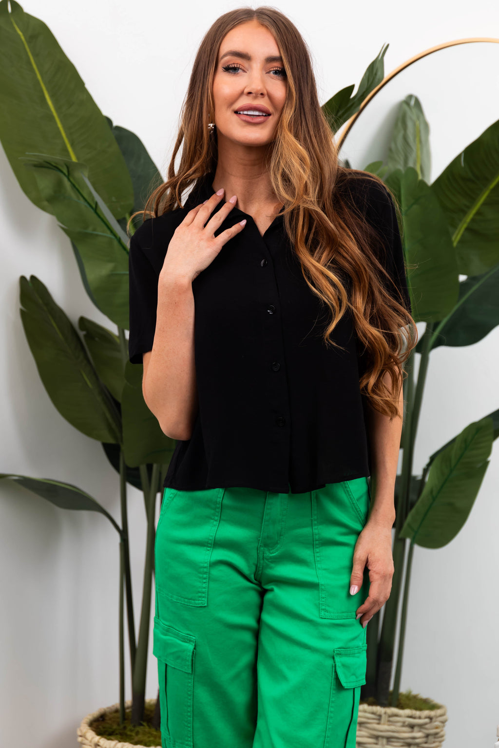 Black Linen Texture Short Sleeve Collared Shirt