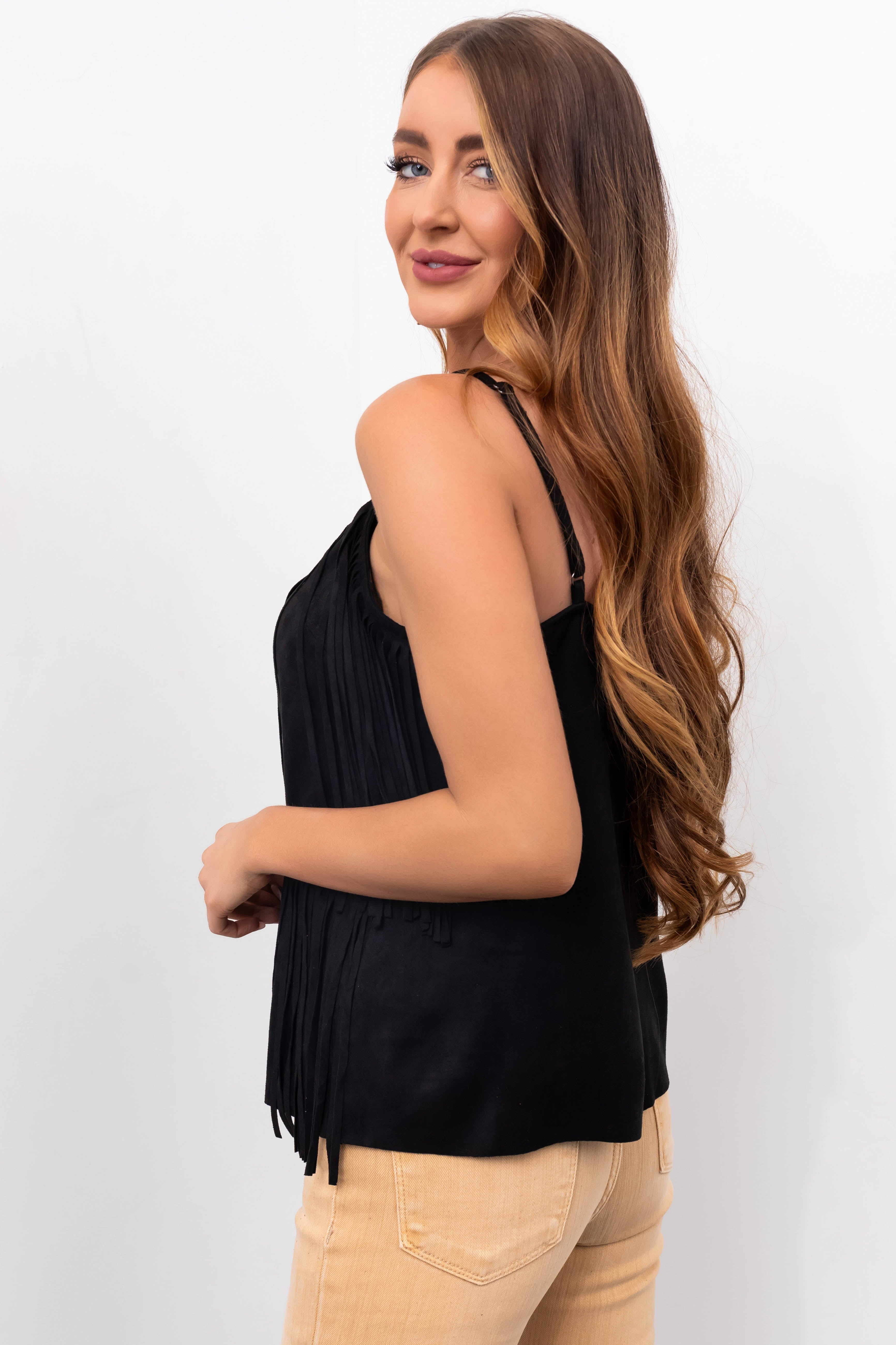 Black Fringe Adjustable Strap Suede Cami